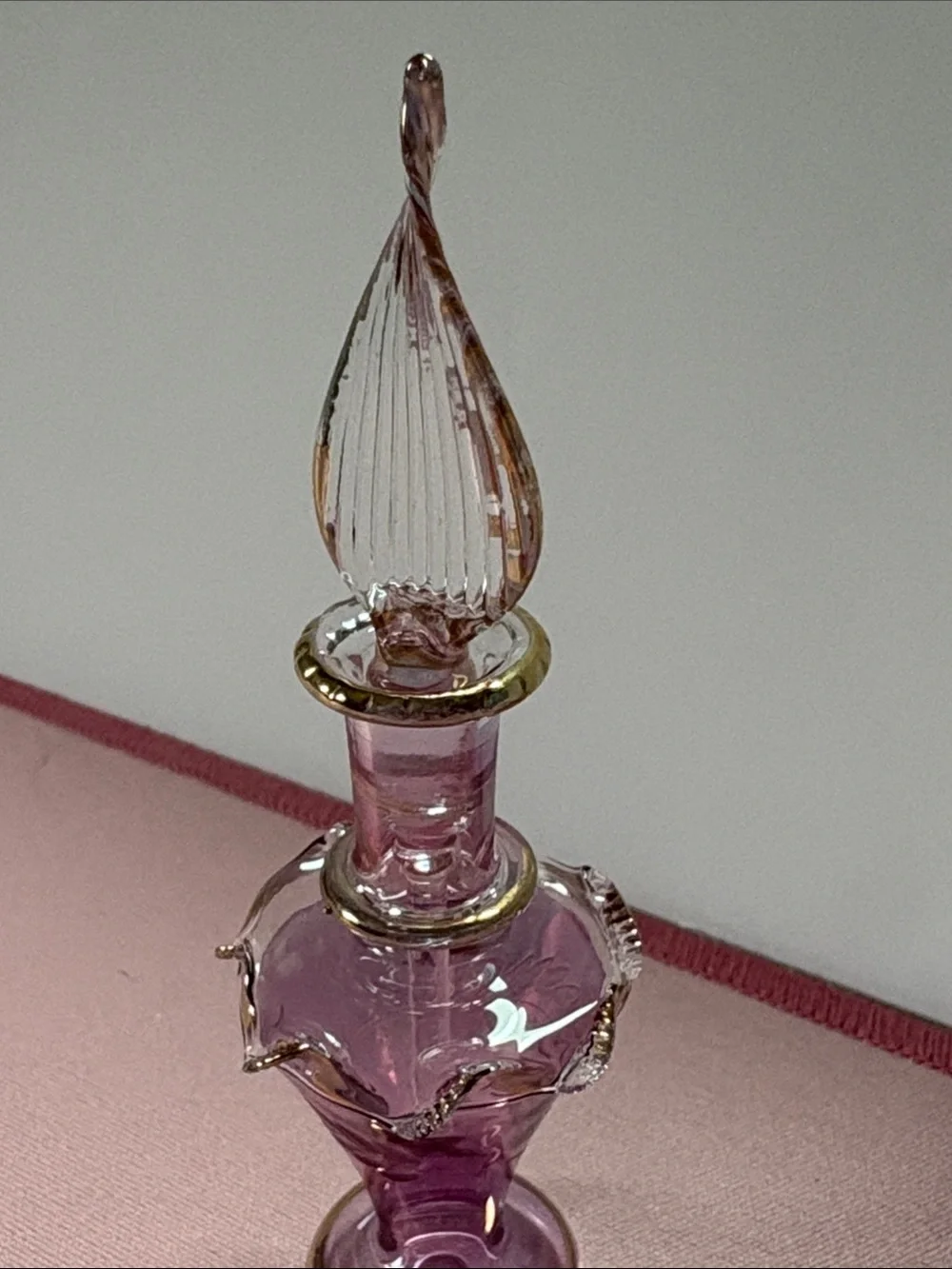 Elegant Egyptian Handblown Lavender Glass Bottle with Gold Trim